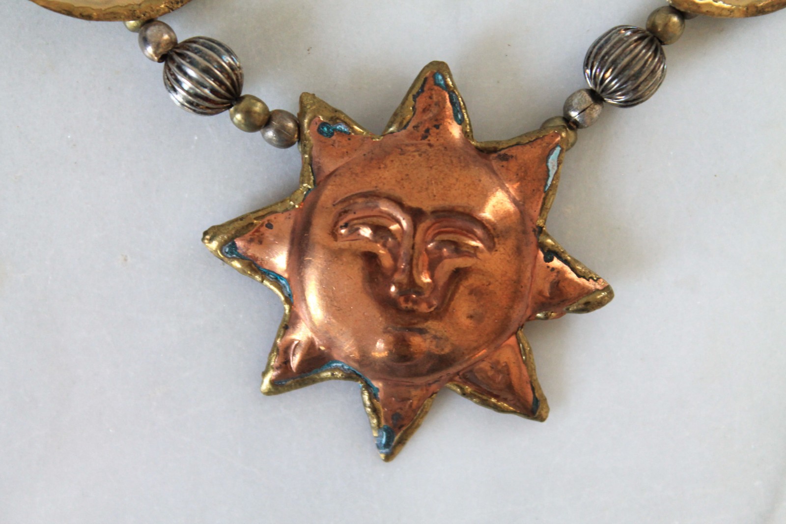 Vintage Handmade Sun Moon & Stars Necklace Celestial Brass Boho Chunky