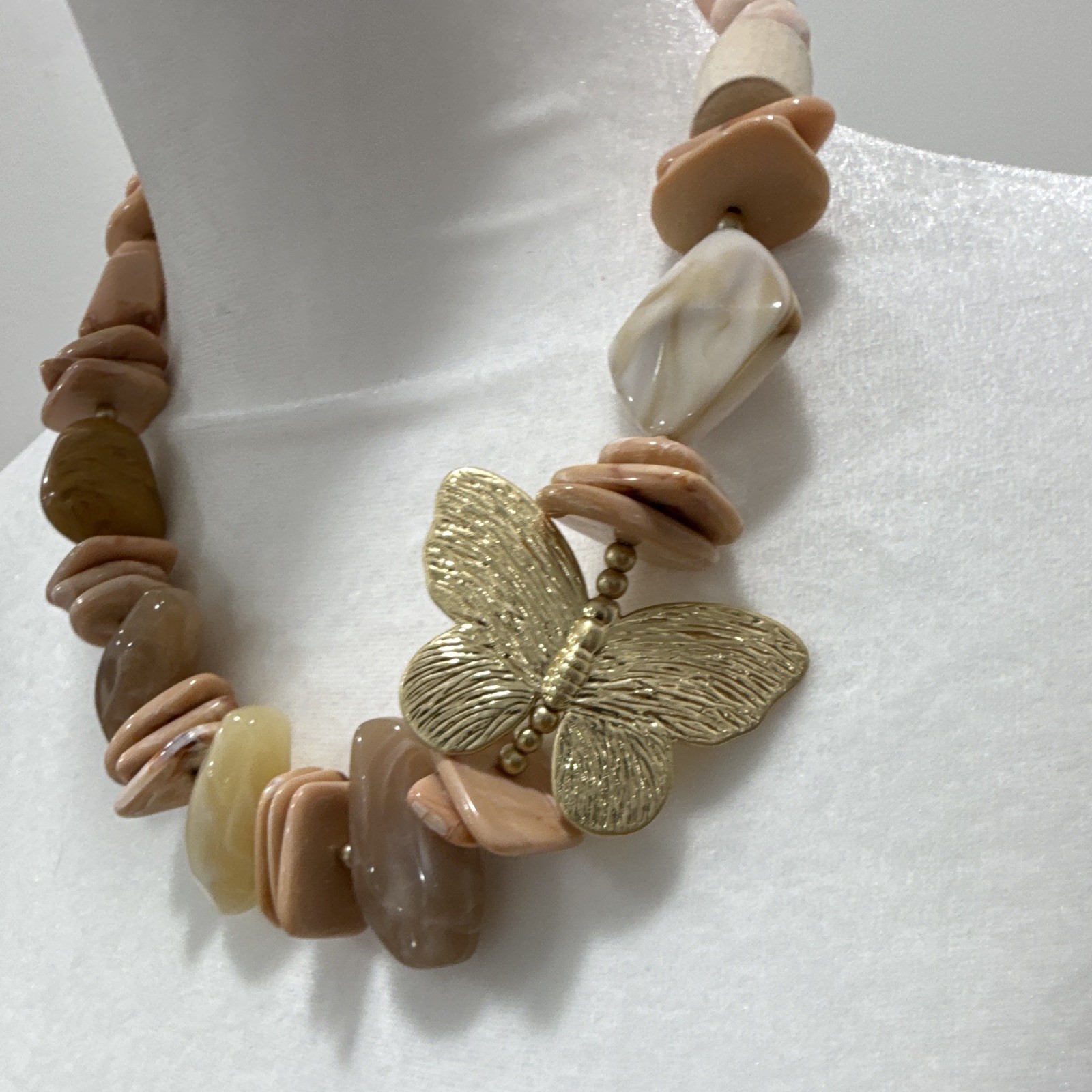 Beaded Statement Necklace Butterfly Charm Pendant Pink Brown Gold Adjustable
