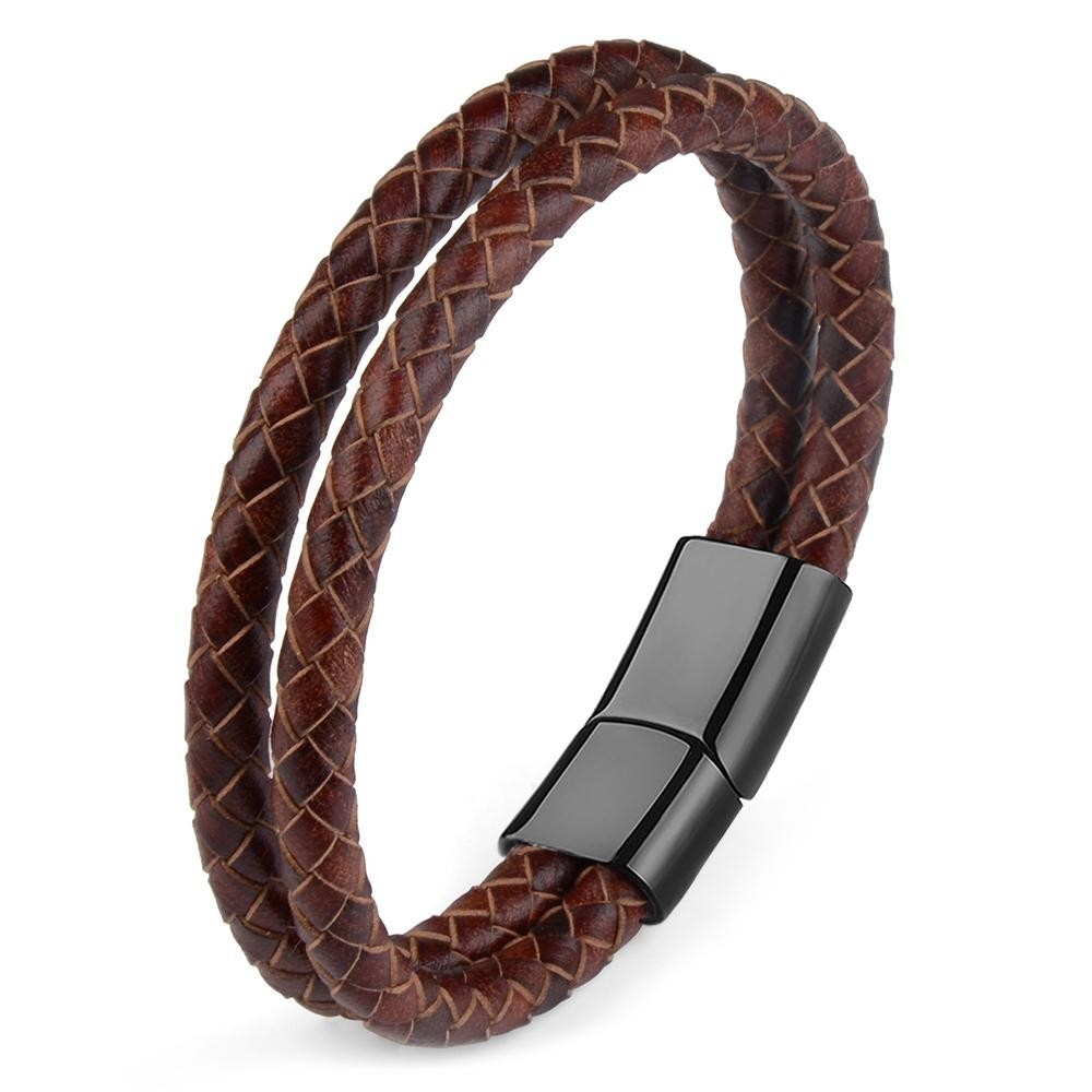 Genuine Leather Double Rope Braid Bracelet with Stainless Steel Magnetic Clasp