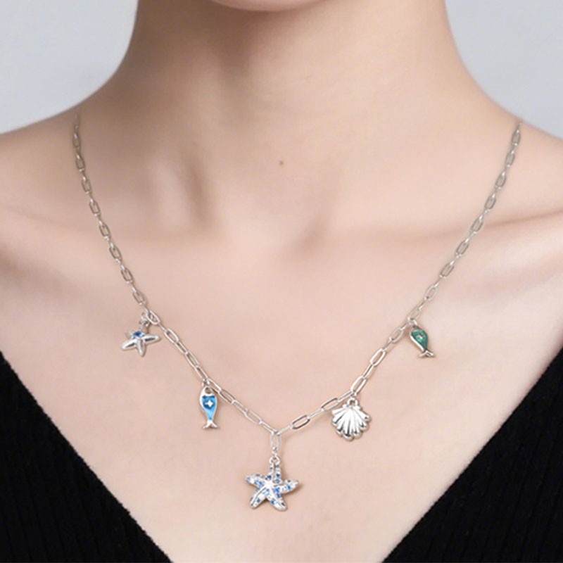 KUNSIR 925 Sterling Silver Seashell Necklace For Women Ocean Chocker 18in Chain
