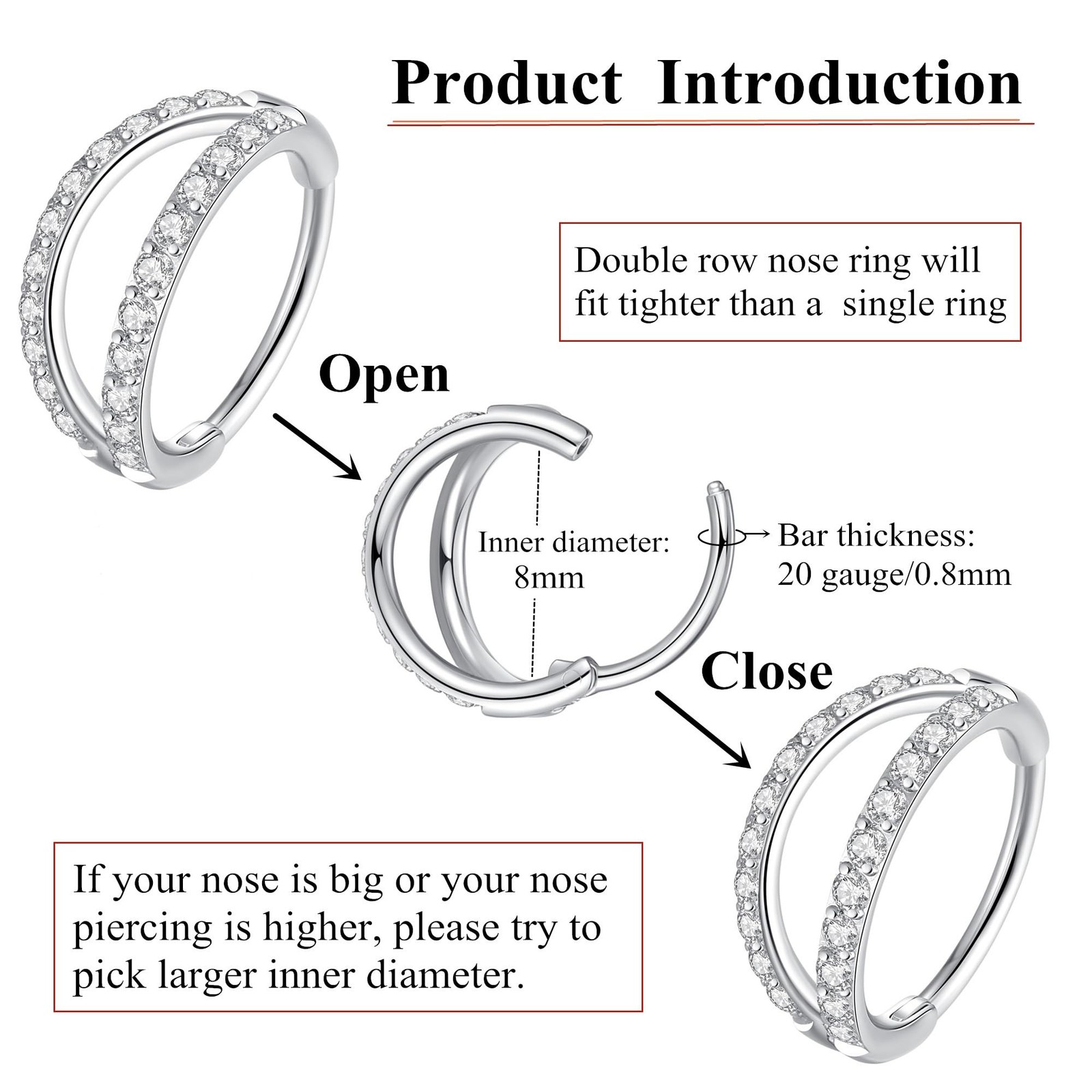 ORANGELOVE Double Open Stack CZ Nose Ring Hoop 316L Surgical Steel Helix Rook…