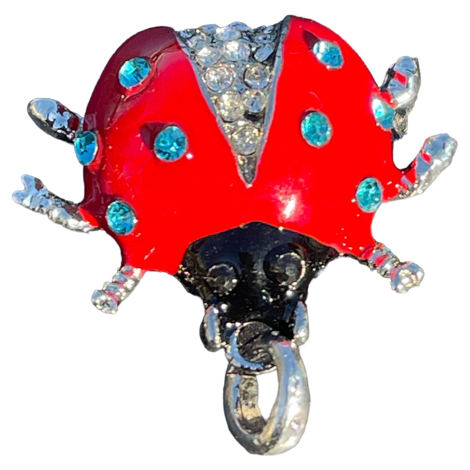 Lady Bug Pendant Red Black Laquer & Faceted Crystal Silver 1 1/2”x 1 3/8” w/Bail