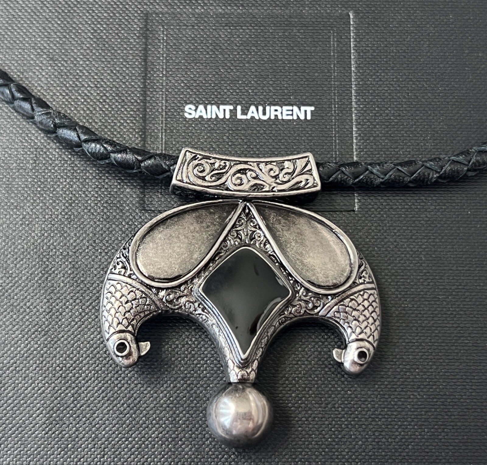NIB Saint Laurent YSL Victorian Moon Black Braid Leather Pendant Necklace $1295