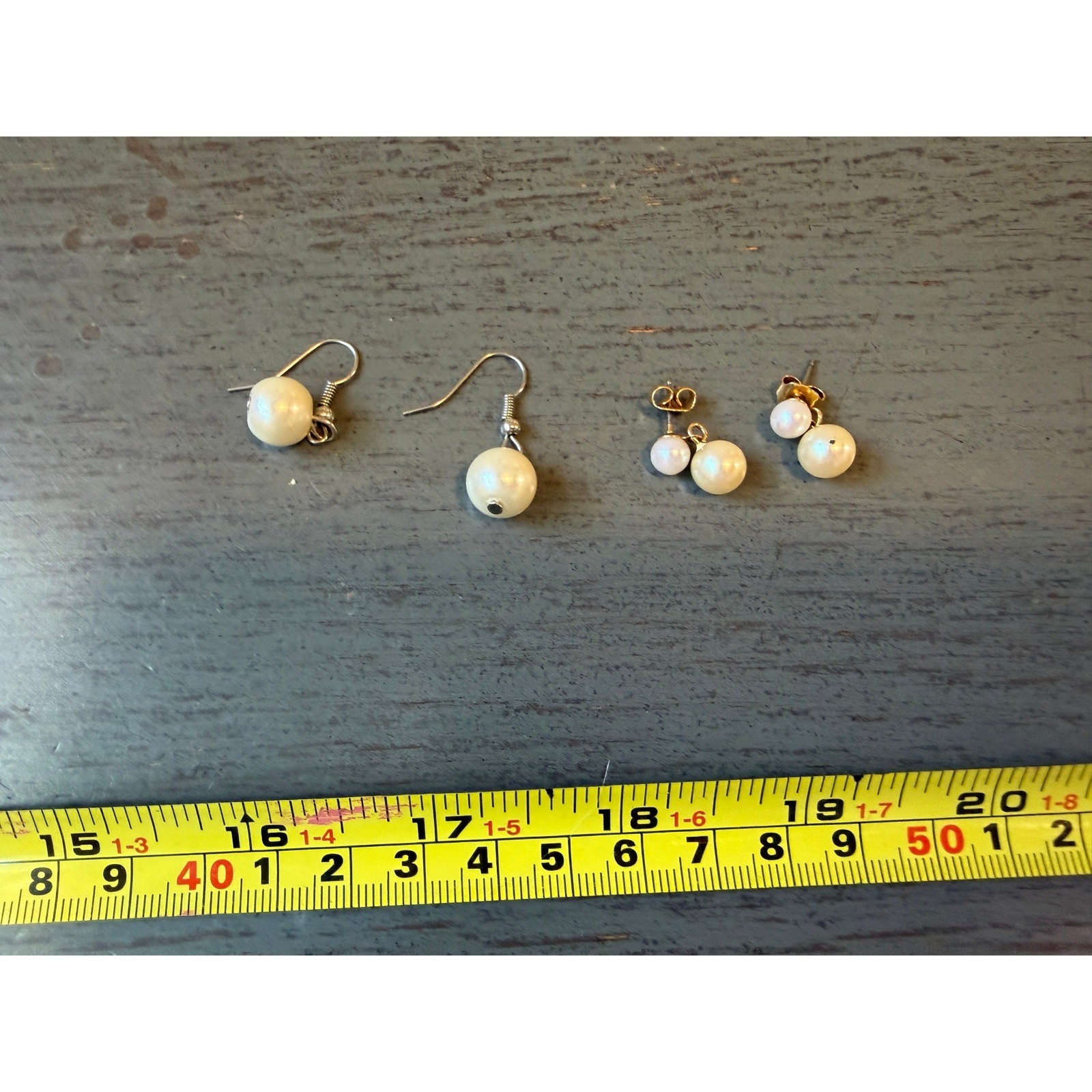 Set of 2 Pearl Drop Earrings Silver Tone French Wire and Gold Tone Post Backs