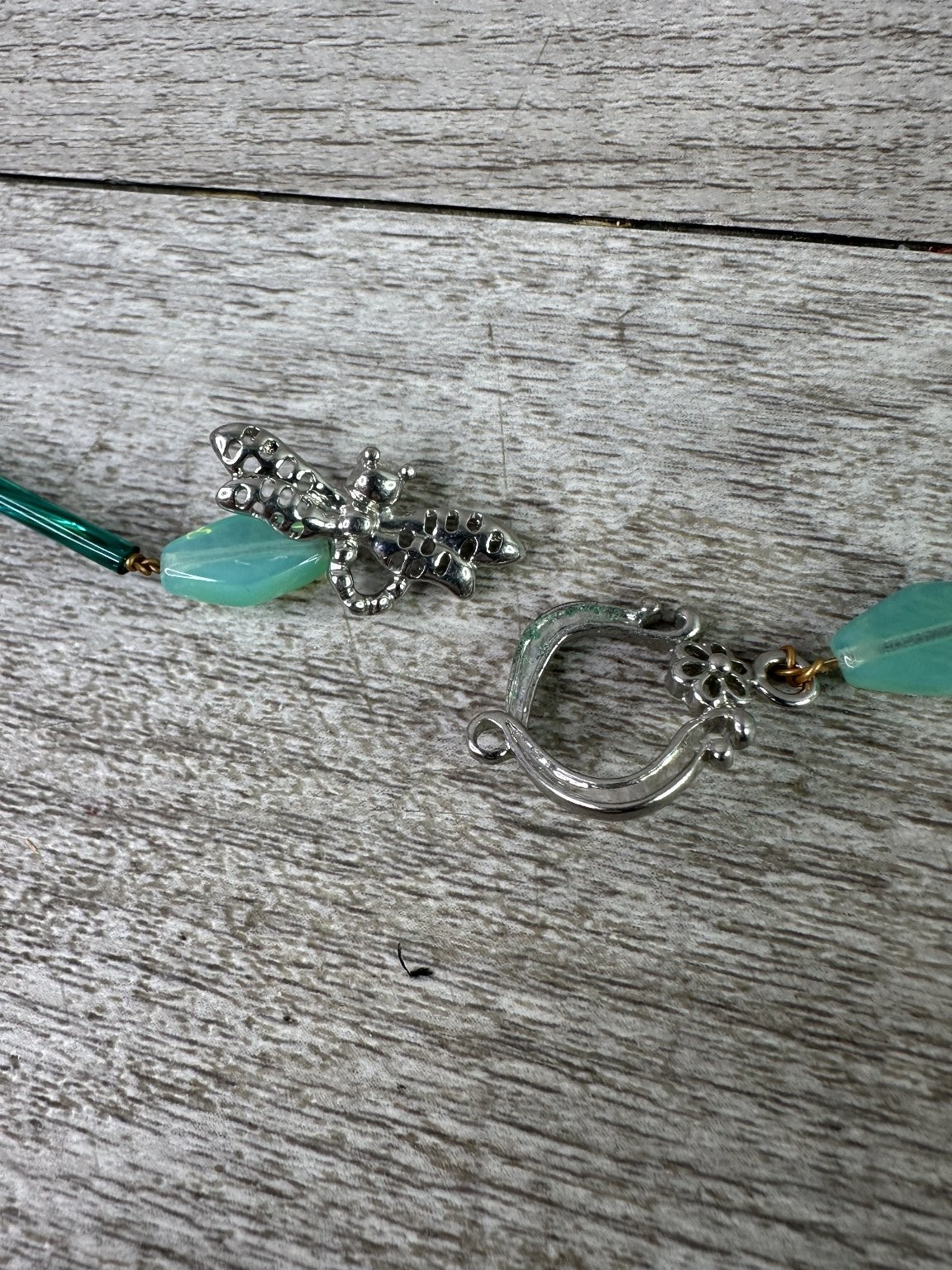 Artisan Beaded Necklace Teal Blue Purple Glass Stone Dragonfly Clasp