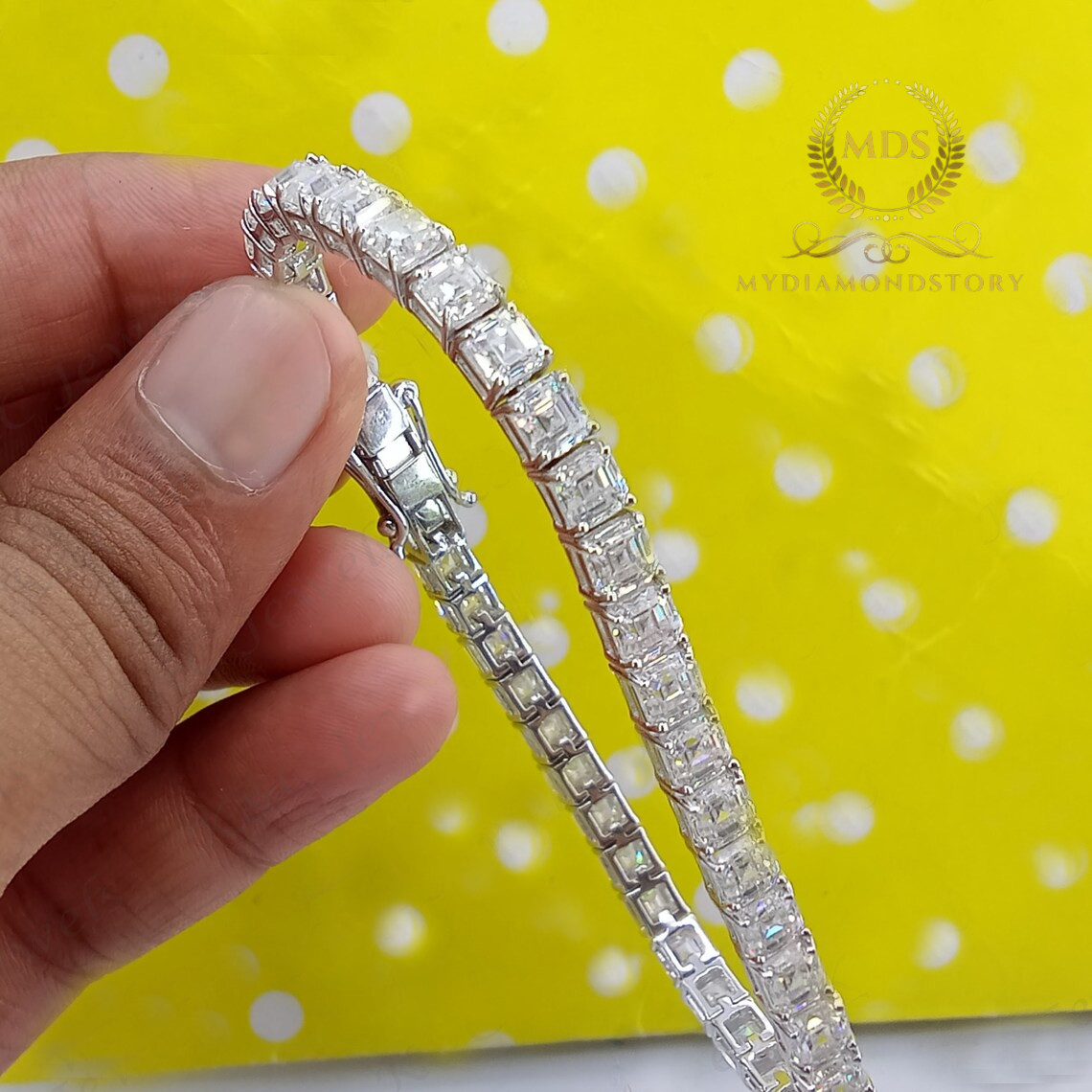 CUSTOM/10K YELLOW GOLD 7′ Inch Long Tennis Bracelet 7 CT Asscher Cut VVS1