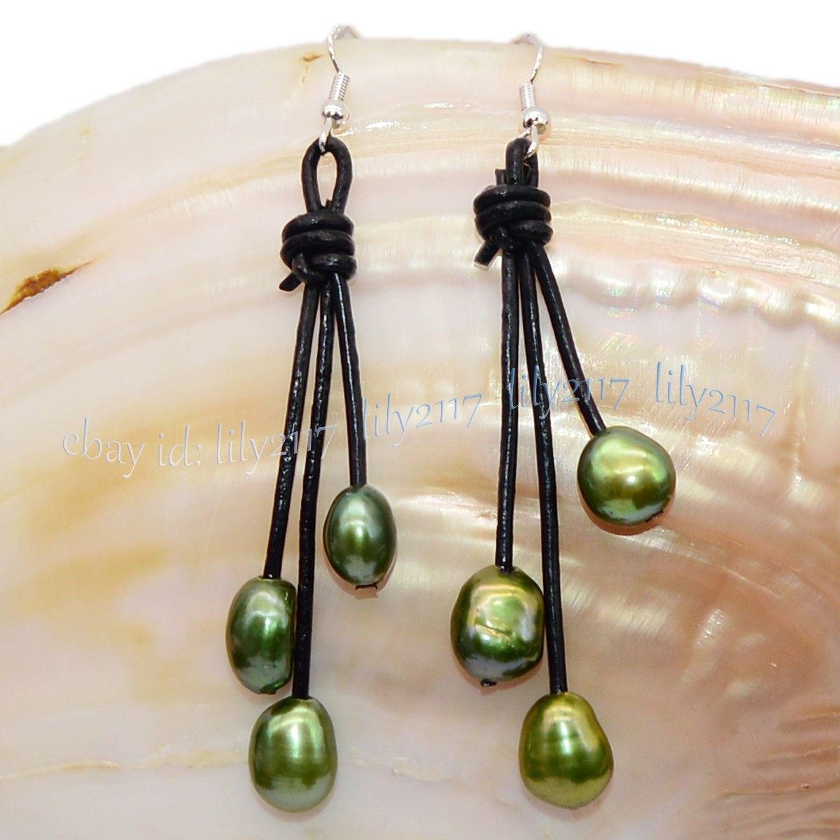Natural Freshwater Baroque Pearl Black Leather Rope Dangle Hook Earrings 9-10mm