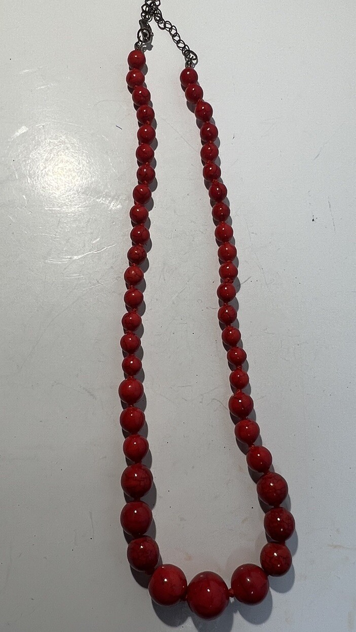 Vintage Red Coral Graduated Bead Necklace Hand Knotted Silk 10”