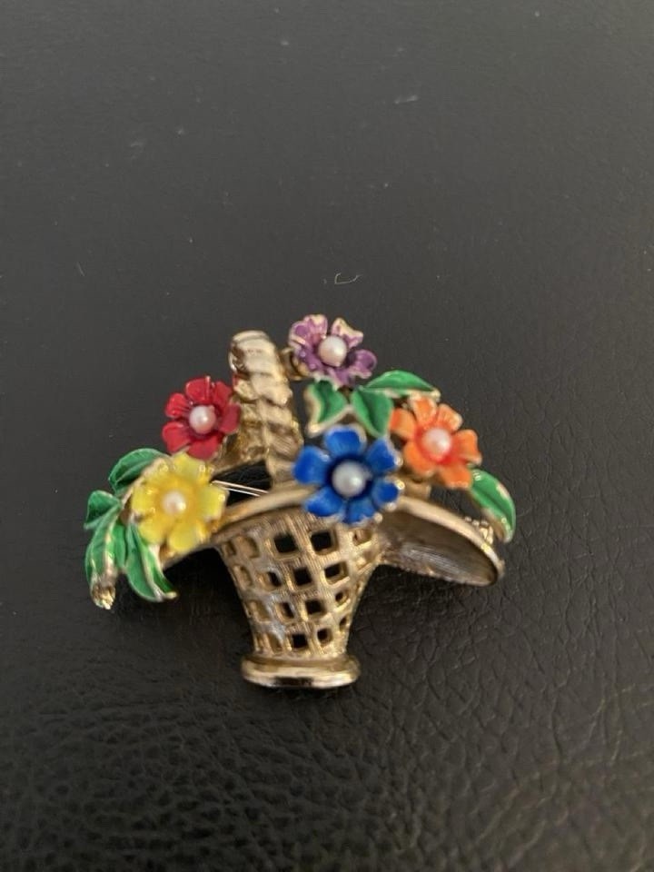 St. Labre Signed Enamel Metal Flower Basket Brooch Pin Gold Multicolor 1.5in