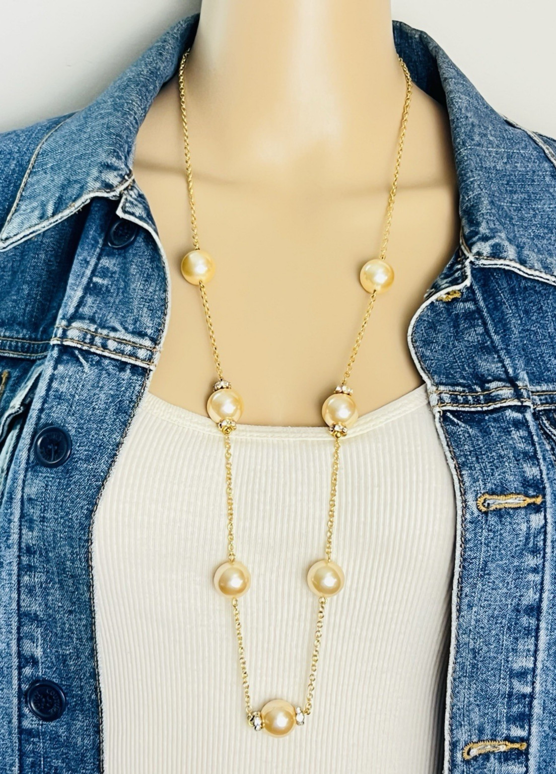 J Crew Gold Tone Faux Champagne Pearl Crystal Rondell Station Necklace 34 in