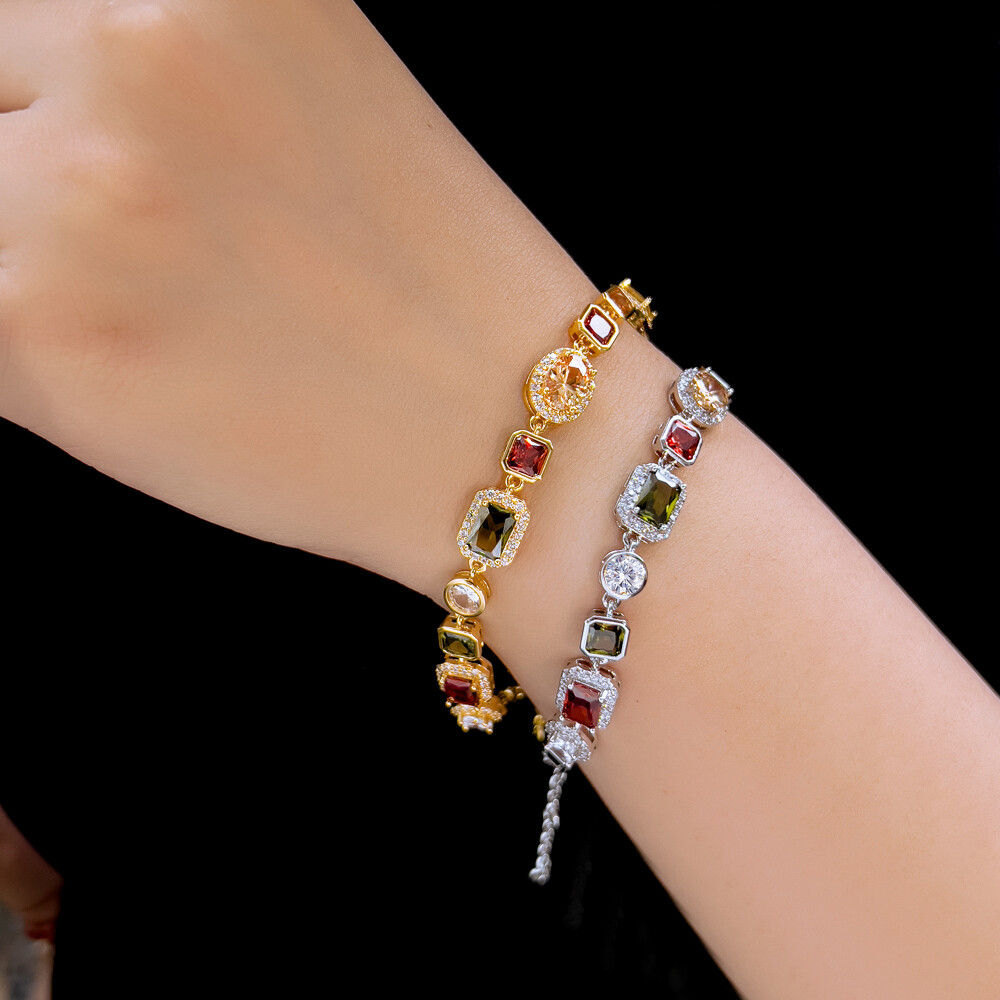 Women Boho Gold Plated Colorful Cubic Zirconia Chain Bracelet Party Jewelry Gift