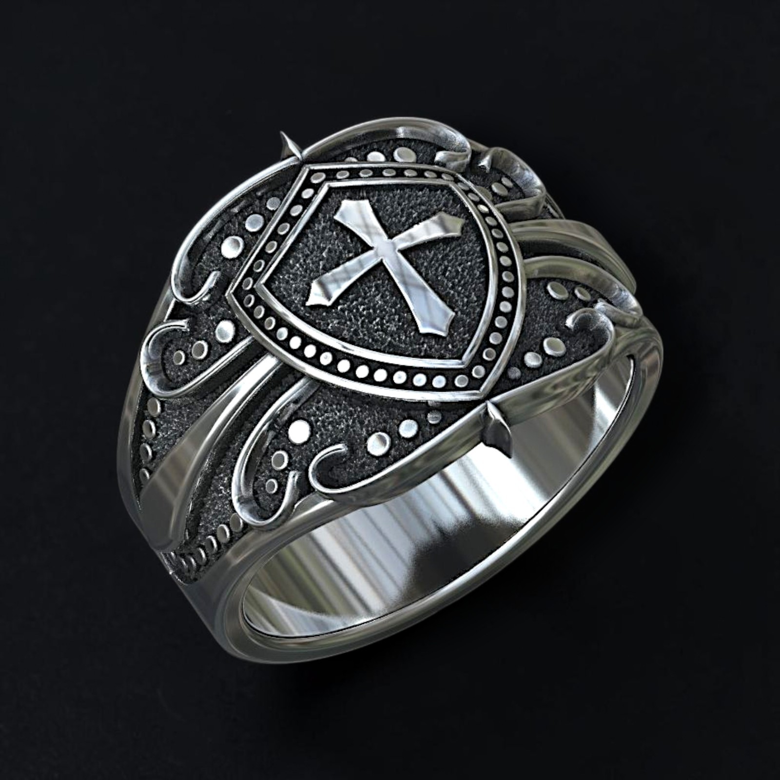 Men’s 925 Sterling Silver Knight Shield Cross Ring | Medieval Crusader