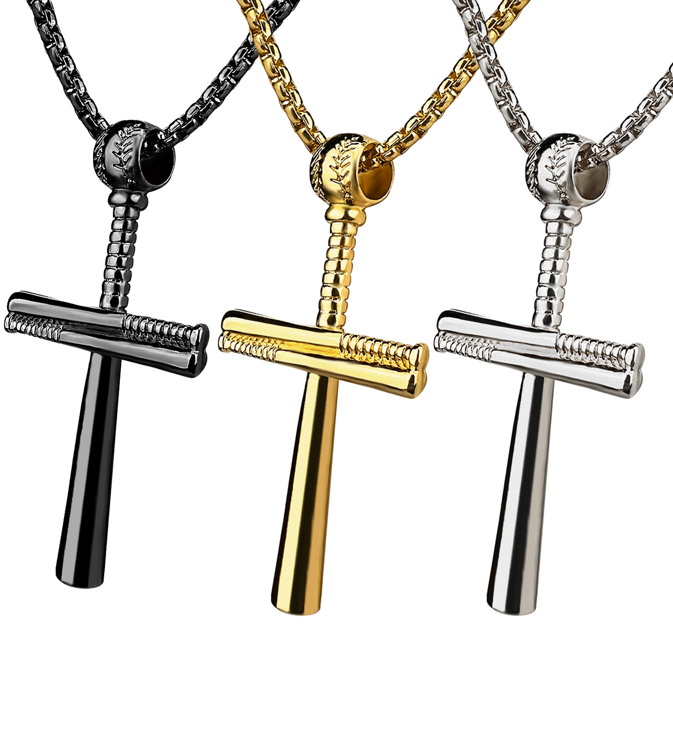 Stainless Steel Baseball Bat Cross Pendant Necklace Black Silver Gold 24″ Chain