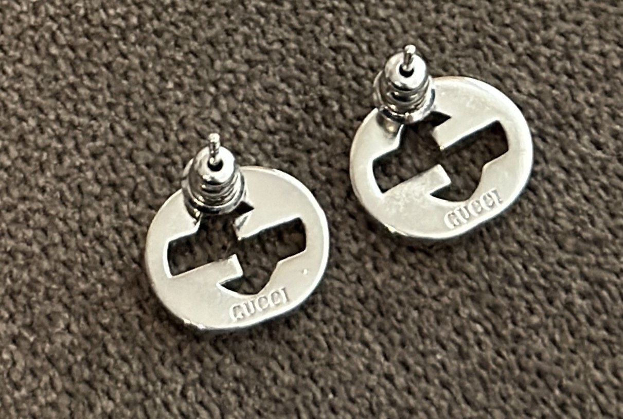Gucci Interlocking GG Stud Silver Tone Earrings Logo Minimalist