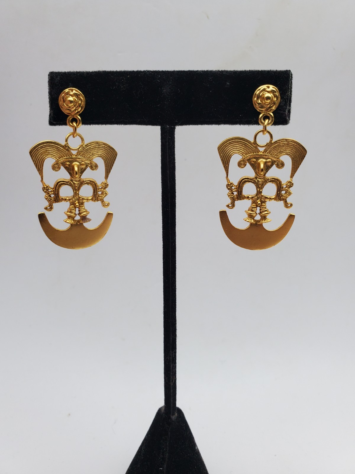 Vintsge Gold Plated Pre-Columbian Bird Shaman Dangle Pierced Earrings 1.75″