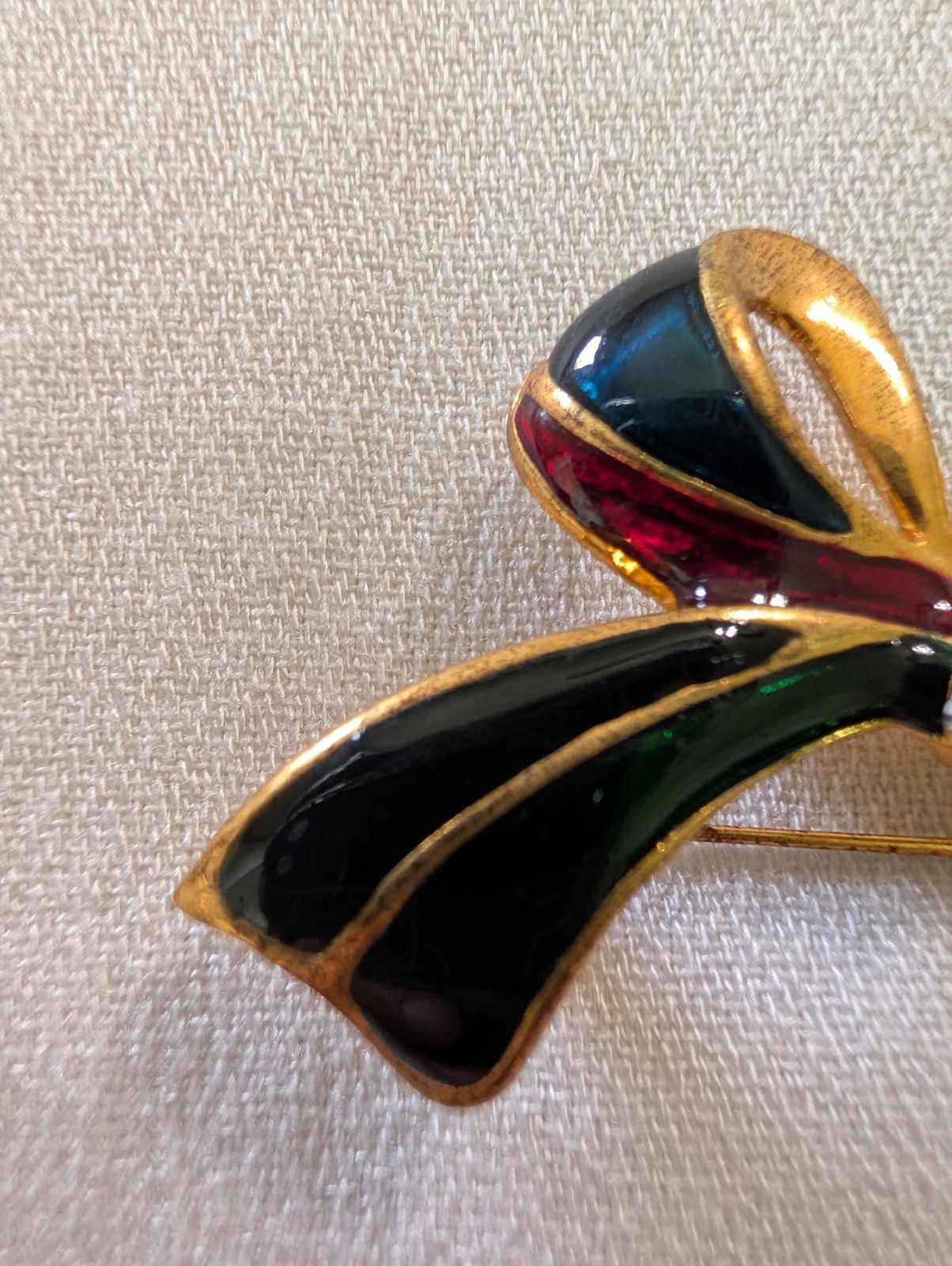 Gold Tone Enamel Bow Brooch w/ Rhinestone Center, Black Red Blue Green