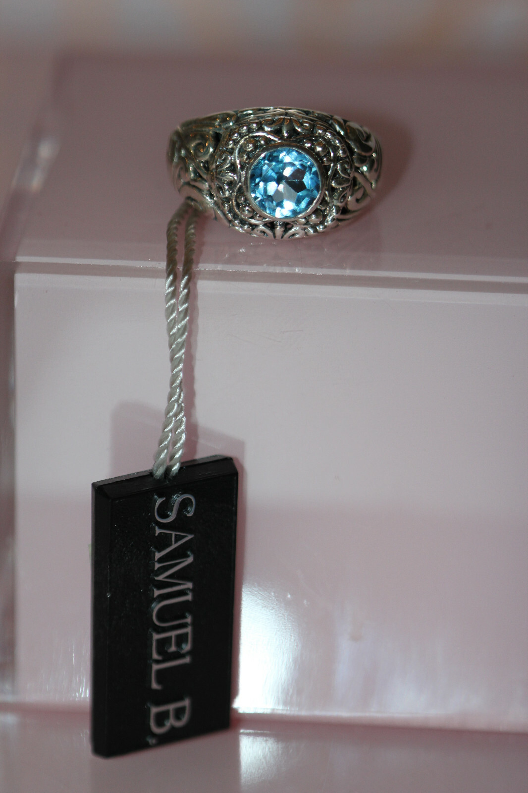 NWT Samuel B. Blue Topaz Sterling Silver Filigree Ring sz 7 polish cloth & bag