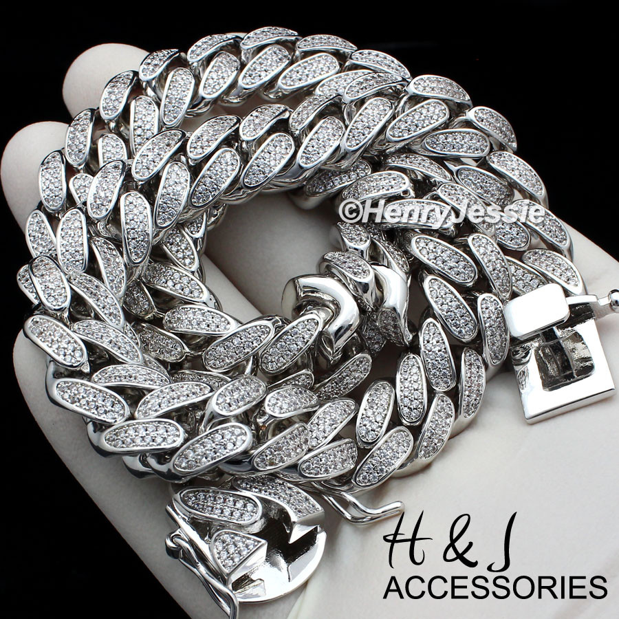 MEN 14K WHITE GOLD PLATED 18″-30″X12MM CZ MIAMI CUBAN CURB CHAIN NECKLACE*ABN1
