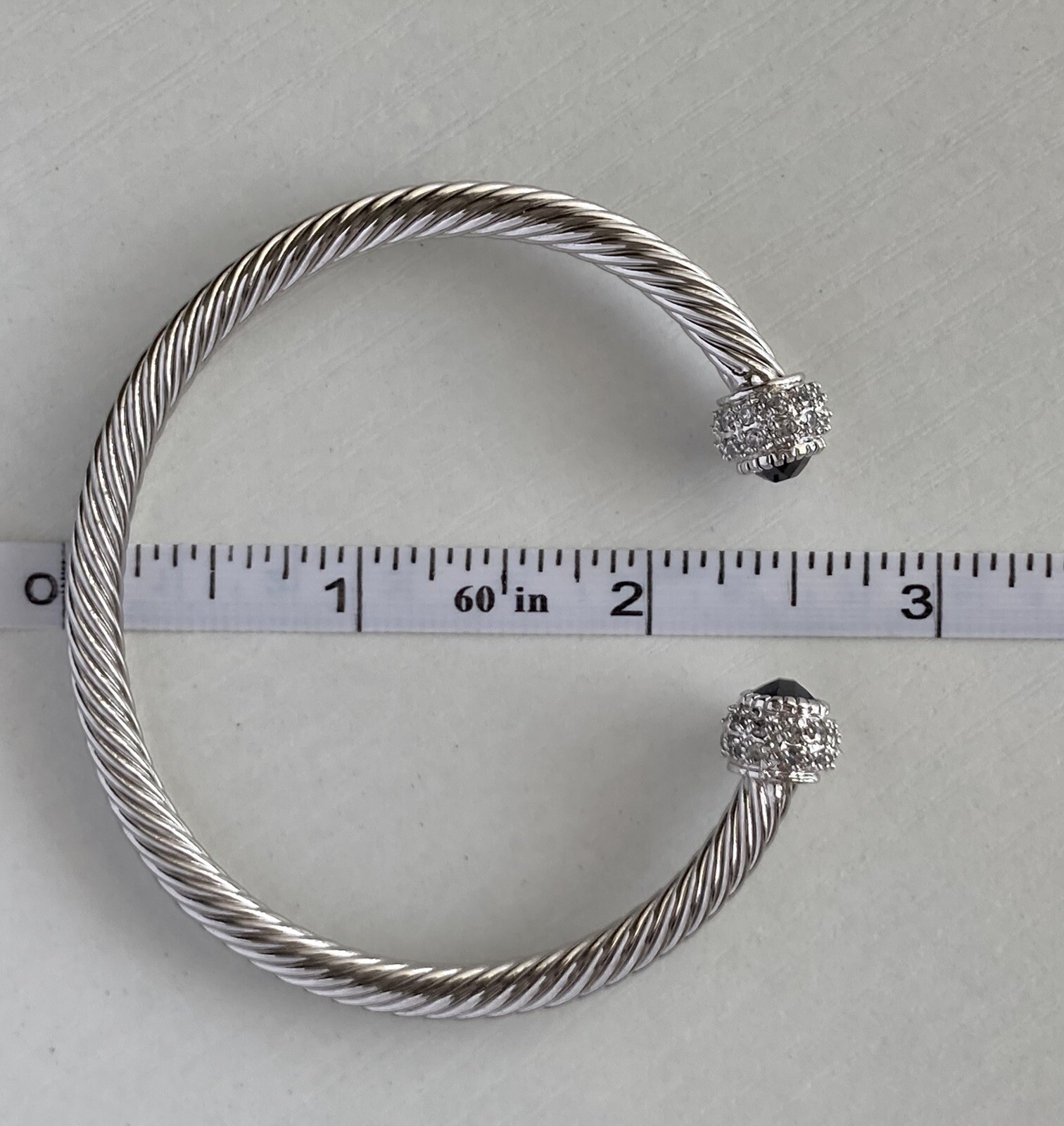 Silver Tone Twisted Cable Cuff Bracelet Clear & Jet Black Crystals 7.25in 20.6g