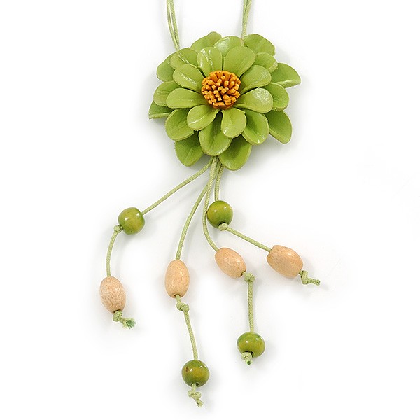 Salad Green Leather Daisy Pendant with Long Cotton Cord – 80cm L – Adjustable