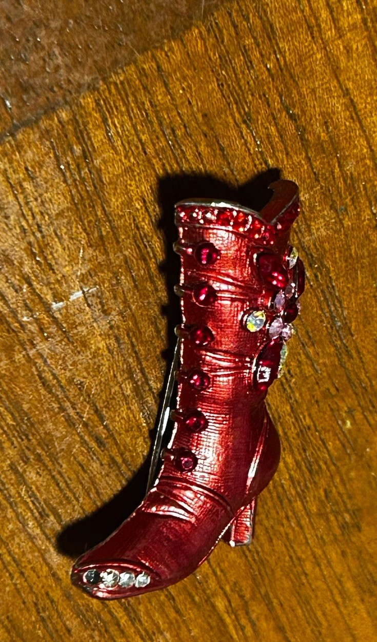 Red High Heel Boot Brooch Lapel Pin Rhinestone Colored Crystal Accents