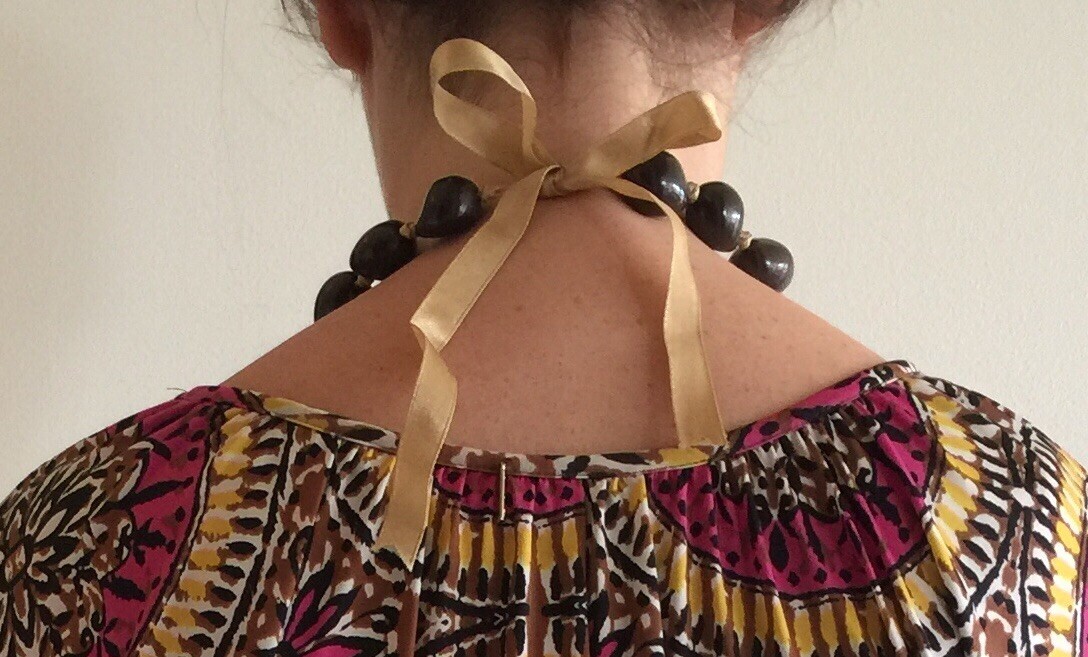 Kukui Hawaiian Lei Brown Necklace on Beige Ribbon from Hawaii
