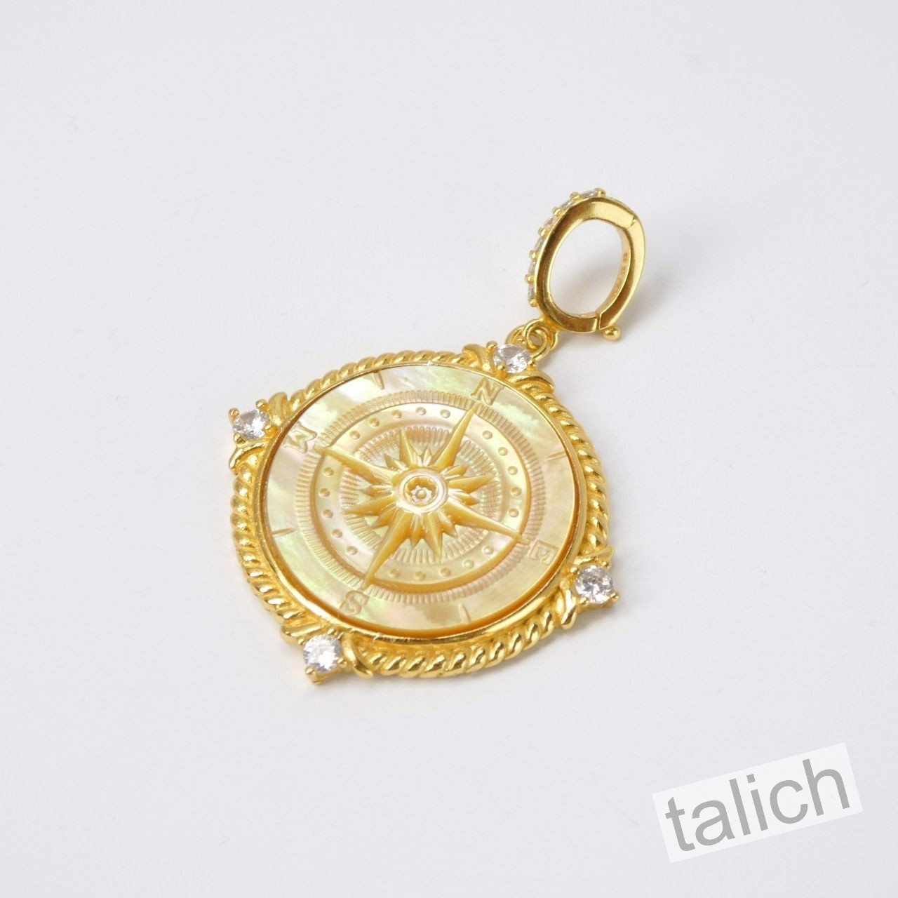 18K Gold Plated Sterling Silver MOP Compass Rose Cameo Pendant North Star Gift