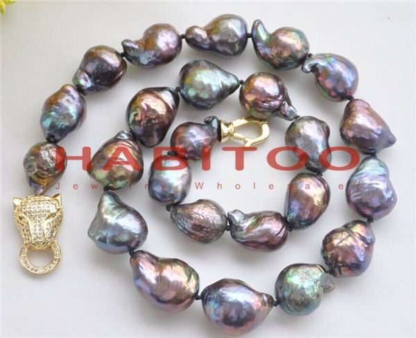 Lustre 15-18mm Peacock-Black Baroque KESHI Edison Pearl Necklace CZ 18″