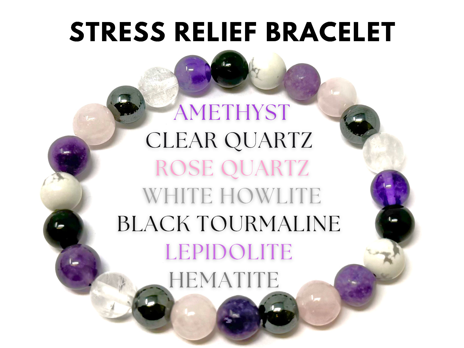 Stress Relief Bracelet: 8 mm Crystal Beads (Amethyst, Rose Quartz, Lepidolite)