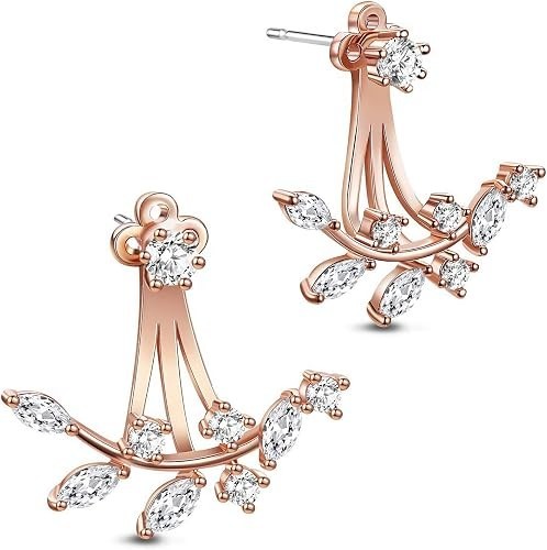 Korean Elegant Rose Gold Plated Contemporary Jacket Front Back Stud Leaf Earring