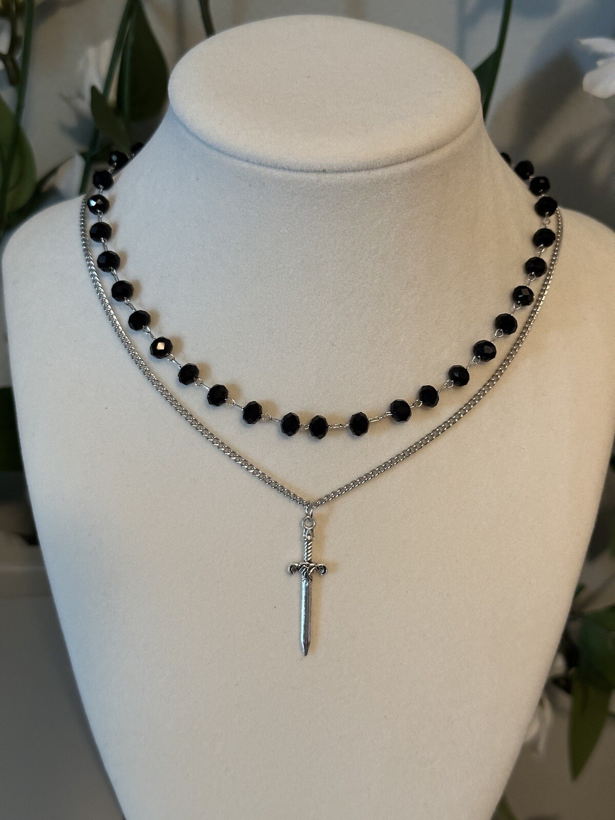 Sword Pendant Black Beaded Choker Necklace Luxury Double Layer Vintage Coquette
