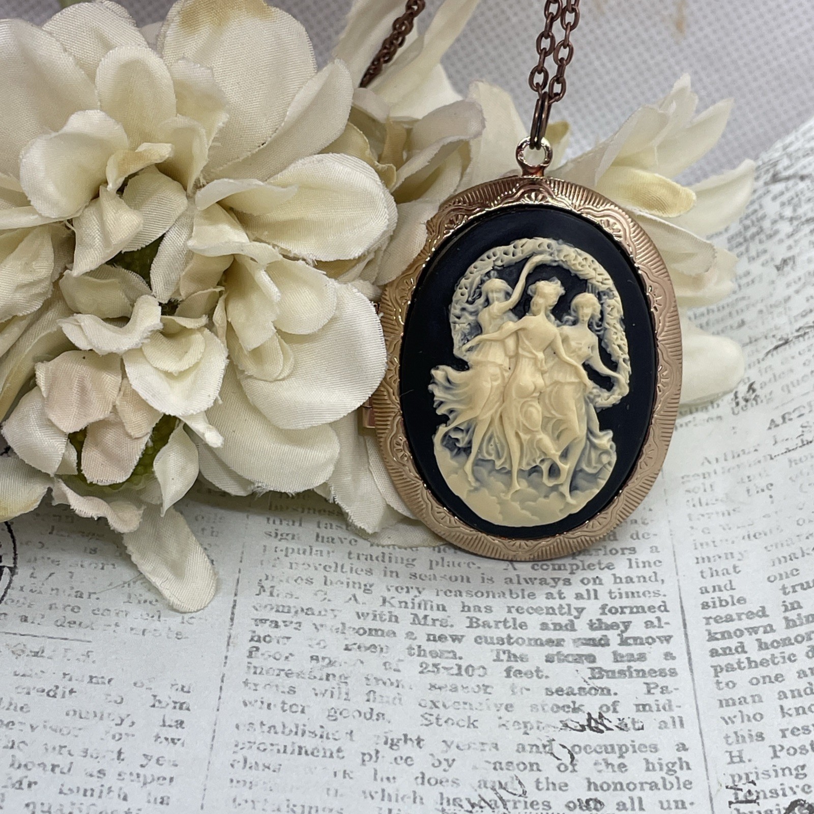 Rose Gold Photo Locket Necklace Birthday Gift 3 Graces Muse Muses Dancer Cameo