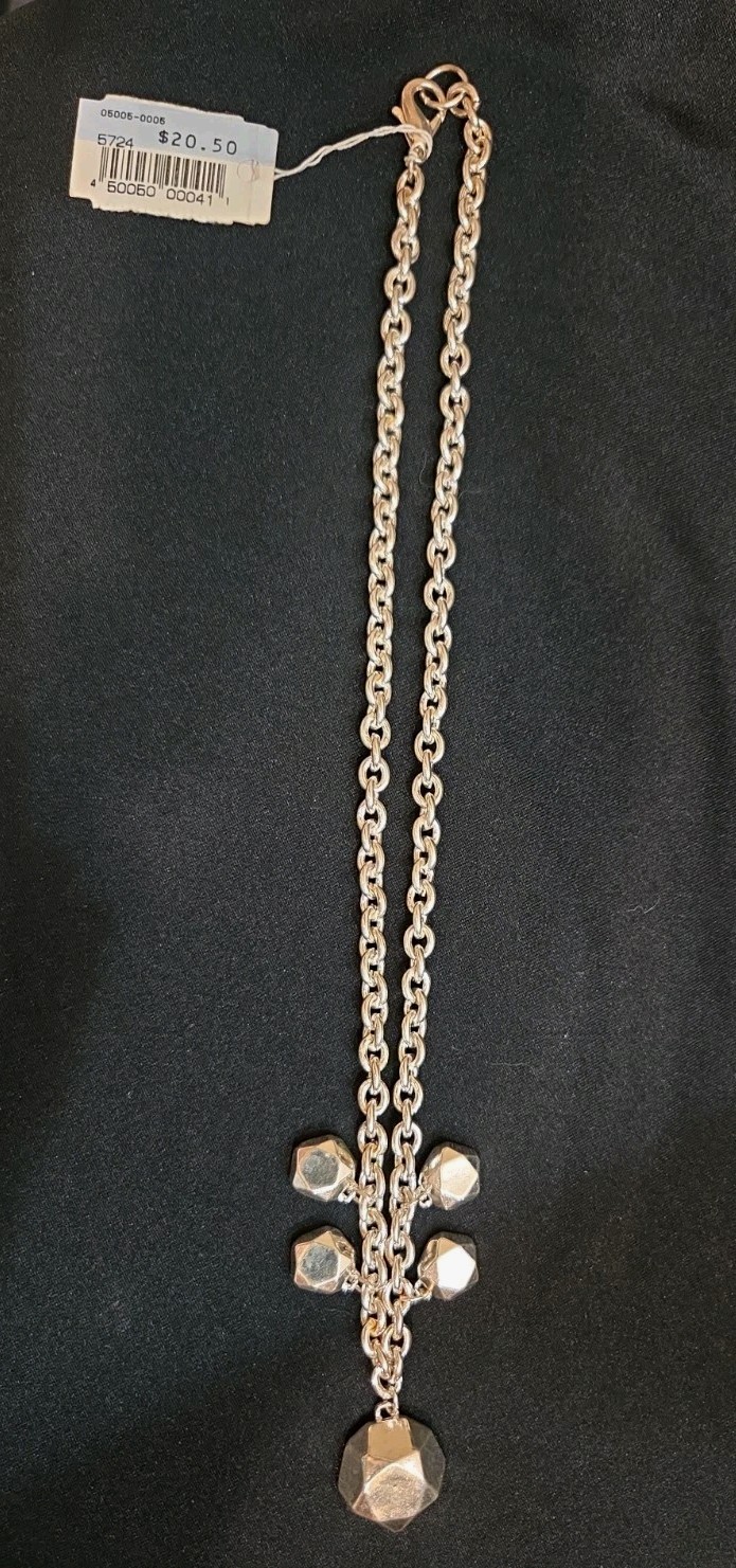 20″ Heavy Silver Tone Necklace W/5 Sided Pentagon Geometric Statement Charms