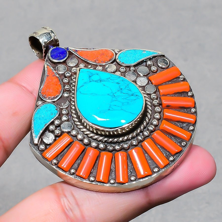 Turquoise Coral Lapis lazuli Pendant Tibetan Nepali Vintage Jewelry 2.6″ NP 2494