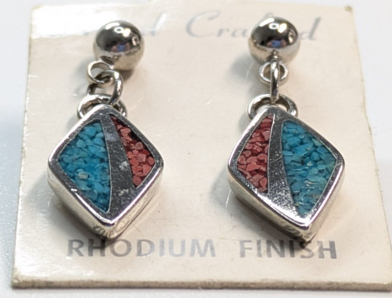 COP Signed Turquoise Coral Mosaic Silver Tone Rhodium Finish Pierced 1″ Earrings