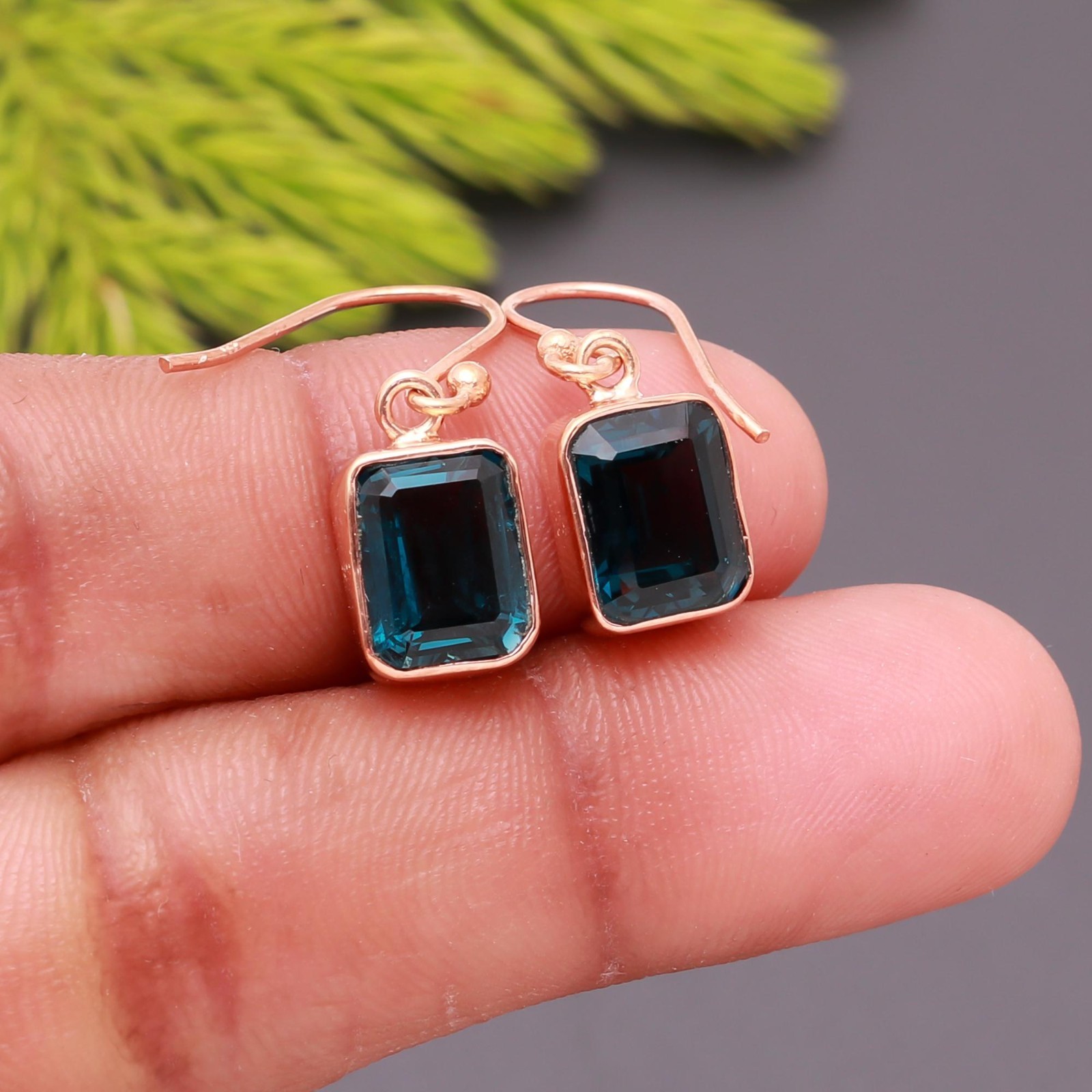 Natural Blue Topaz Octagon Dangle Earrings Rose Gold Fill Solid Silver Jewelry