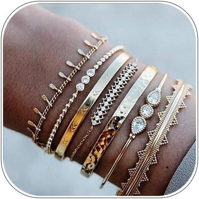 Boho Gold Cuff Bangles Bracelets Layered Stackable Chain Set Rhinestone Open Cuf