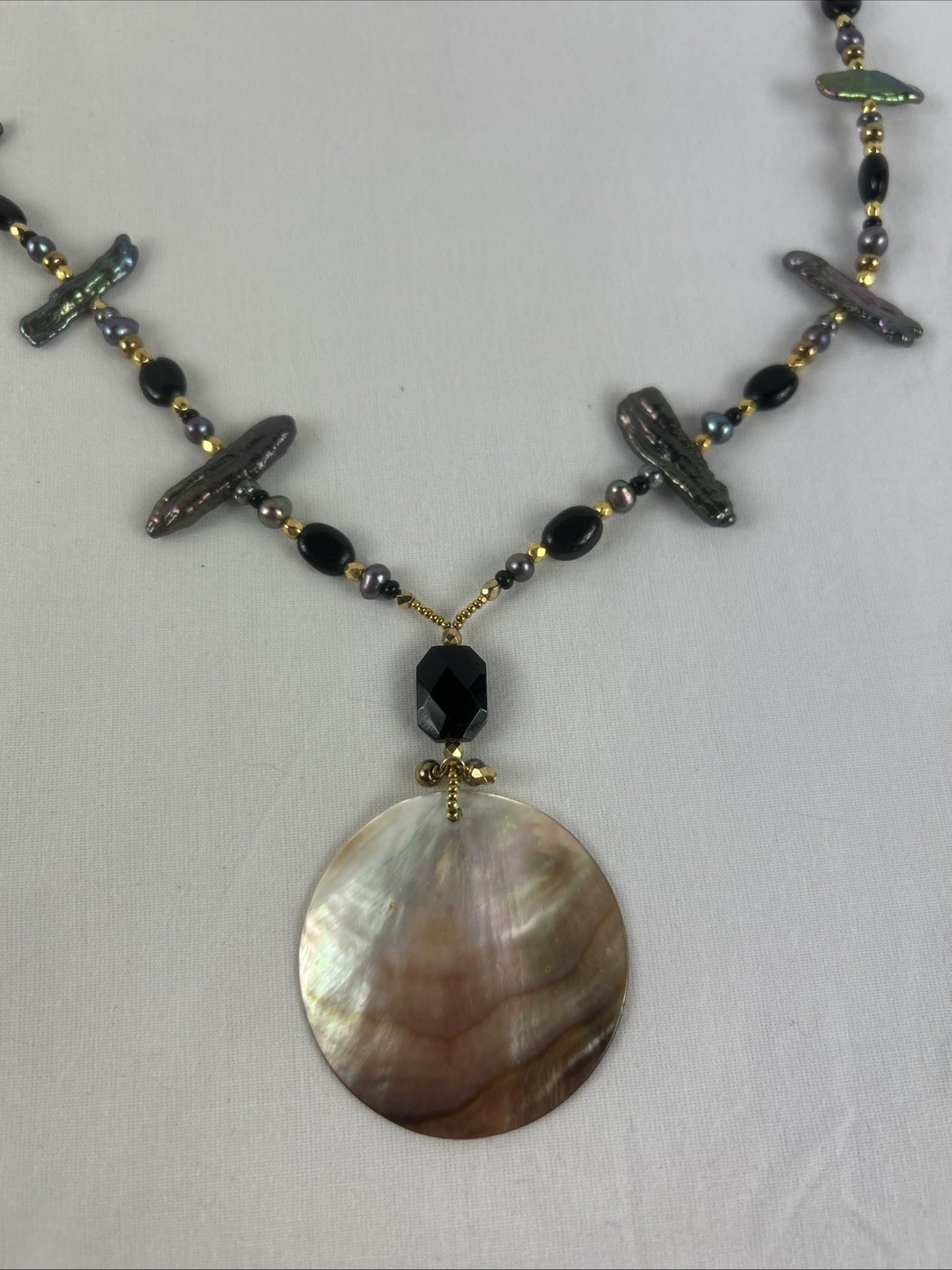 Beaded Necklace With Shell Pendant 24” Black Gold Metallic Colors