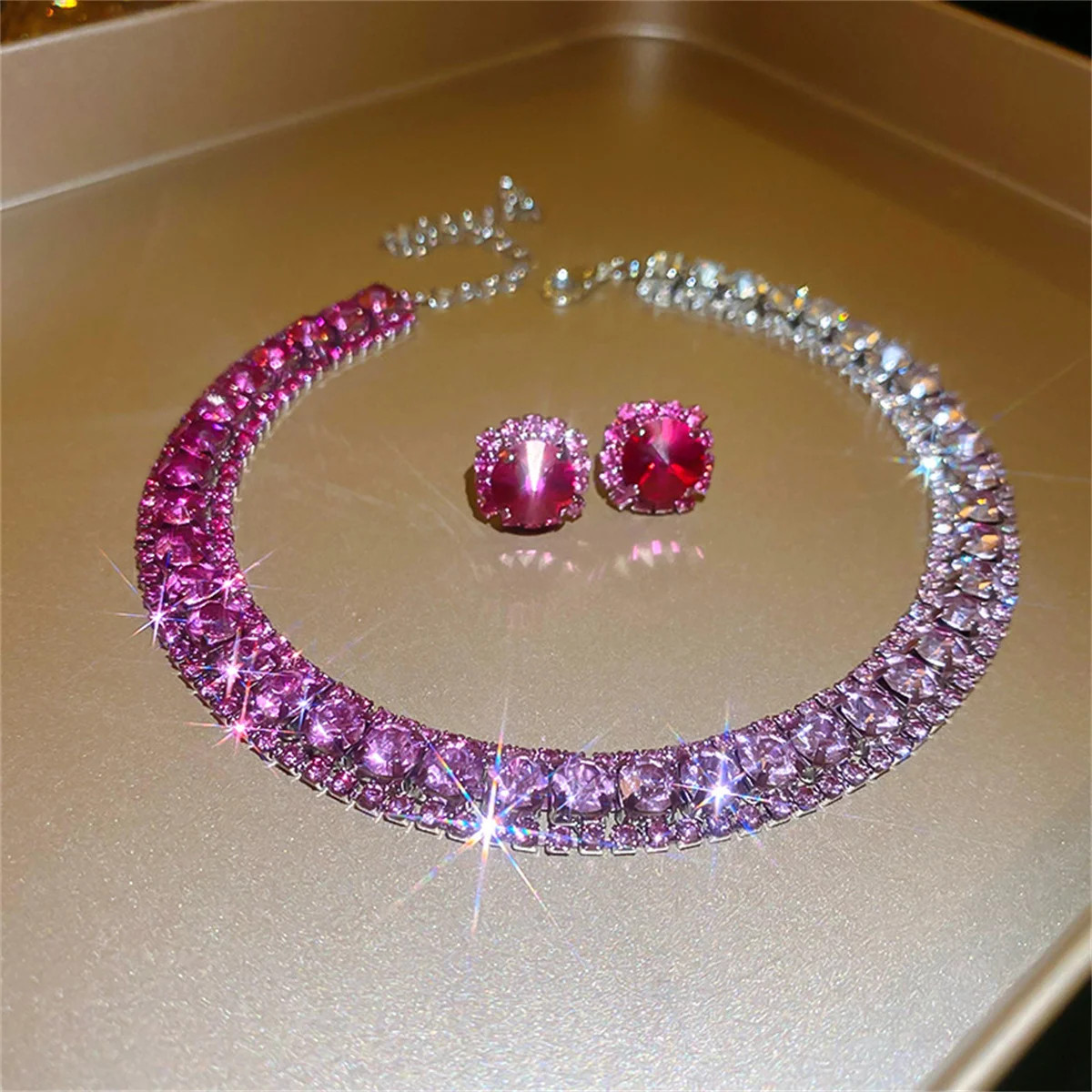 Luxury Crystal Necklace Earrings Set Pink Purple colourful Necklace