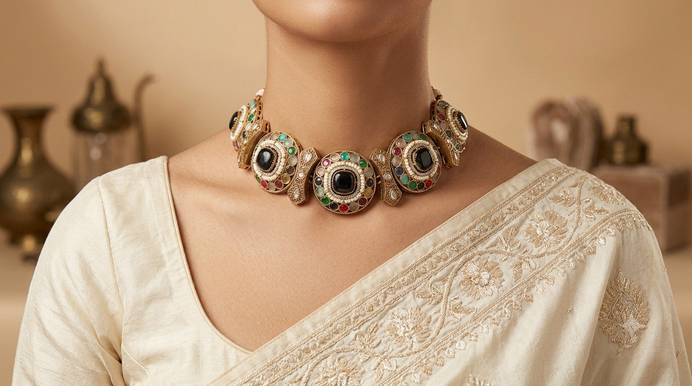 Haneen Bridal Black Stone Heritage Statement Kundan Choker Set Roz Jewellers.