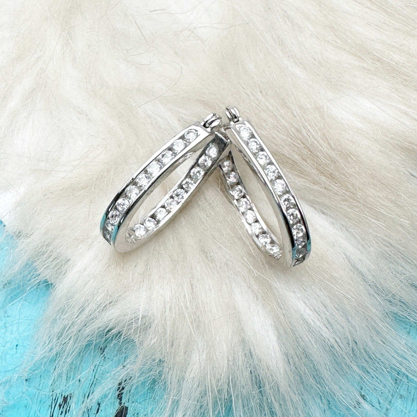Sterling Silver CZ Cubic Zirconia 925 Channel Set 1″ Hoop Earrings