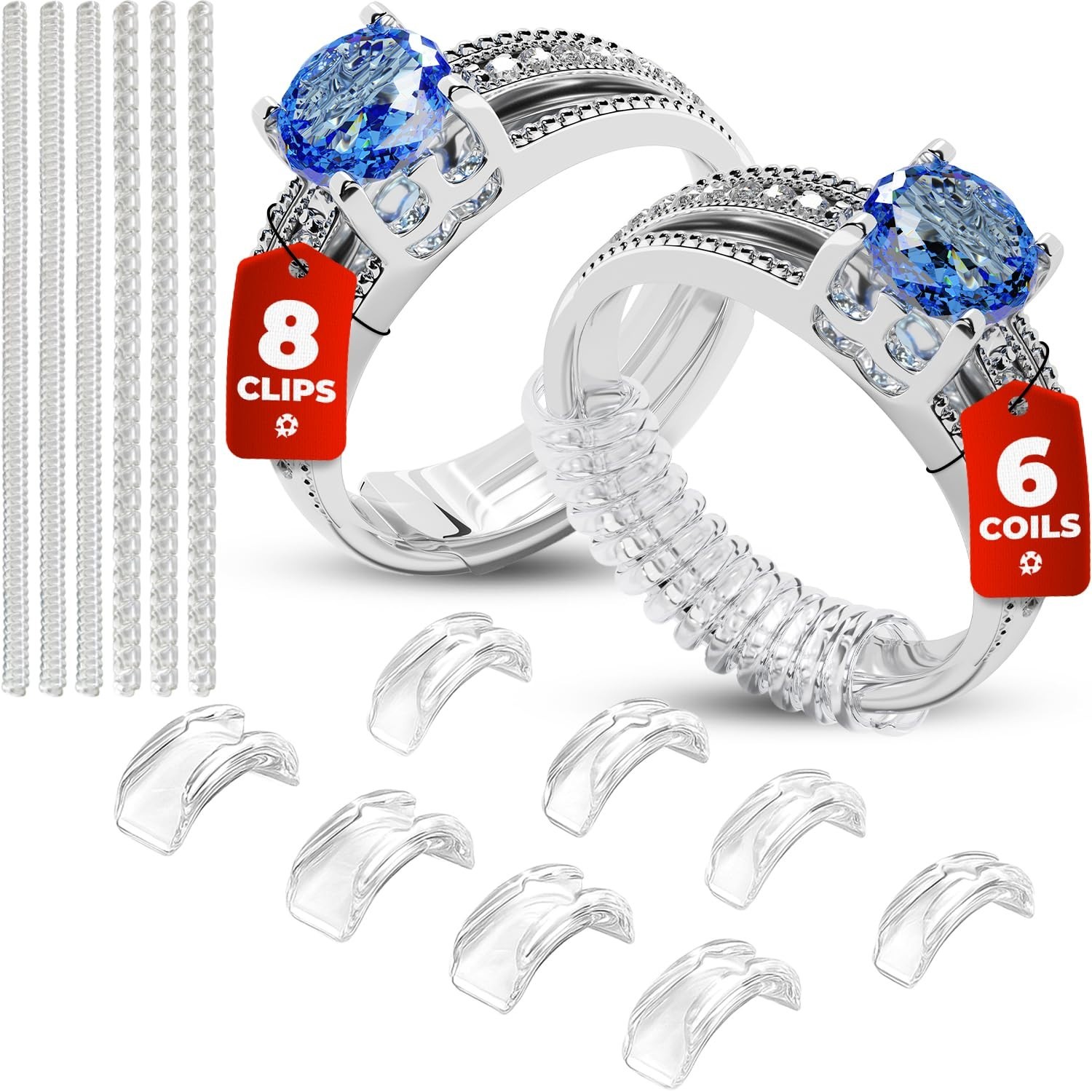 Adjustable Ring Sizers – 8 Easy-Clip & 6 Coil Adjusters – Ring Guards for Loose
