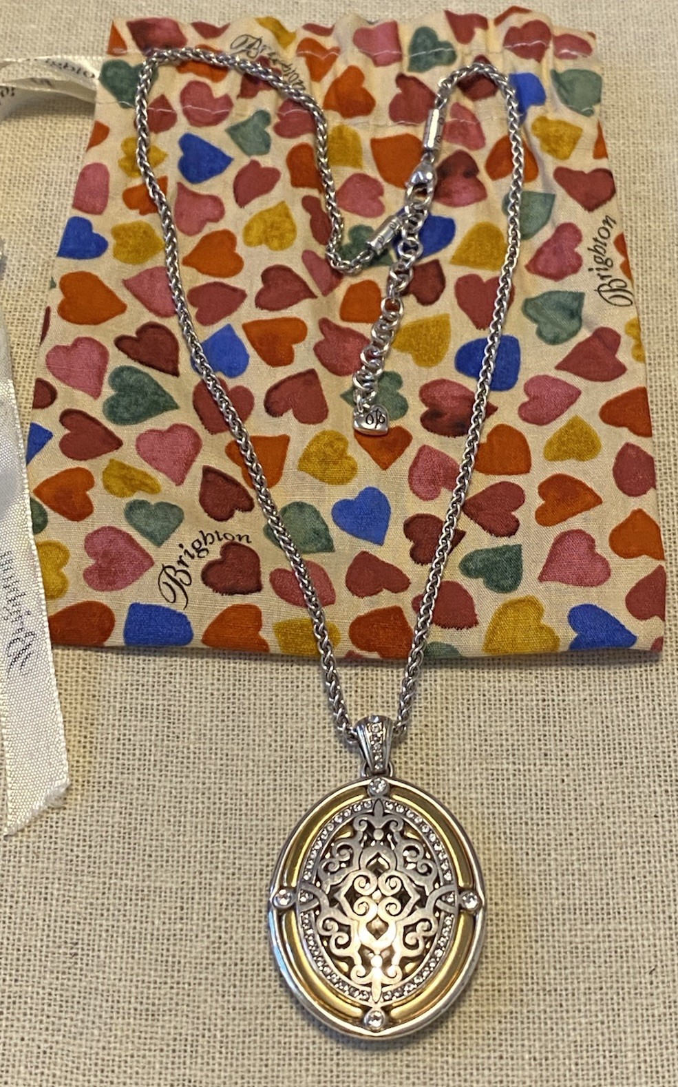 Brighton Reversible Gold/Black Oval Pendant Filagree CZ’s Necklace 20-24”
