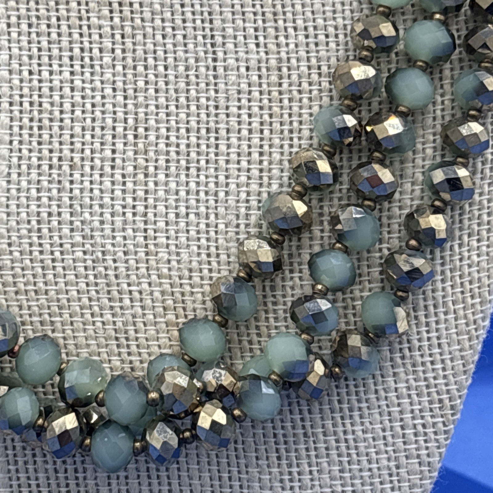 60” Faceted Glass Bead Necklace Metallic Gold Sage Green Long Wrap
