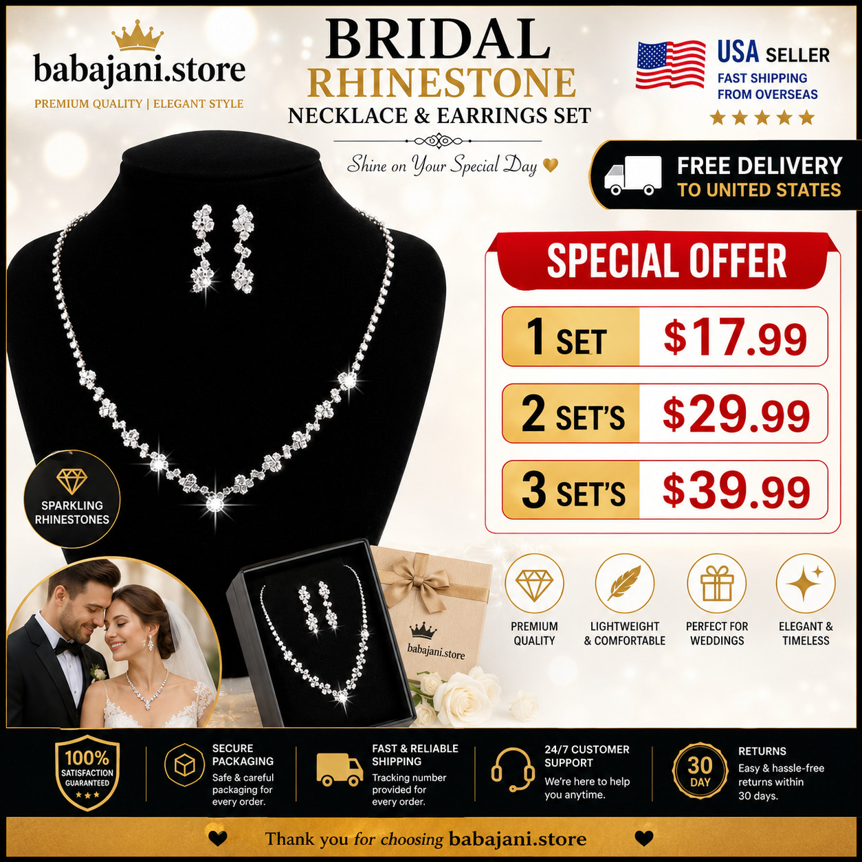 Bridal Rhinestone Necklace Earrings Set Wedding Crystal Jewelry 1 2 3 Sets White