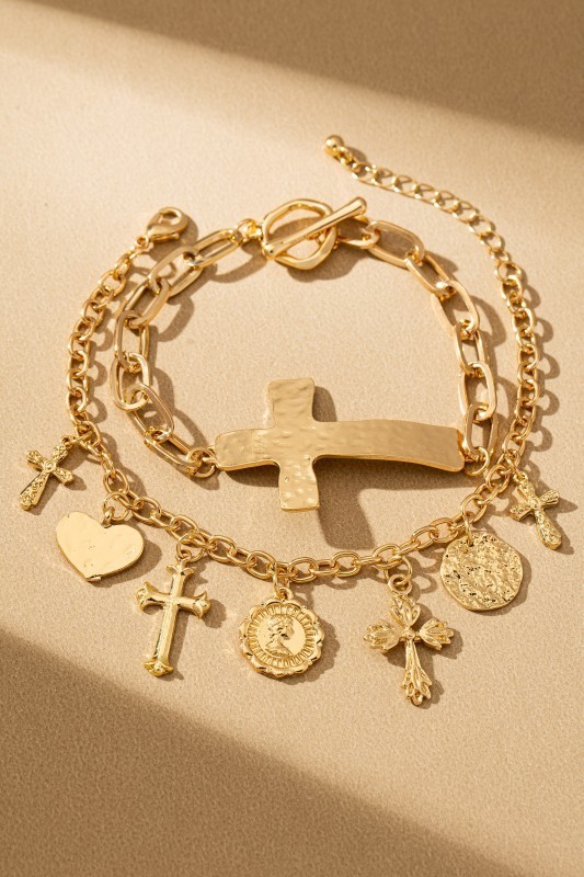 Gold Cross & Faith Charm Bracelet Set – Religious Layered Chain Fashion Jewelry