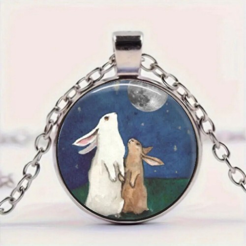 New Jewelry Easter Bunny Rabbits Moon Round Pendant Necklace