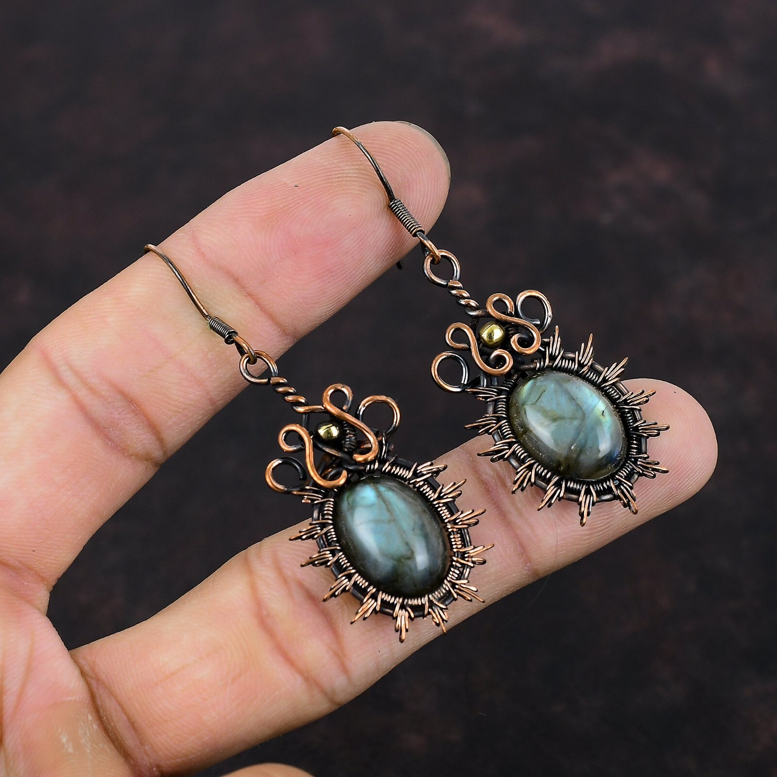 Labradorite Wire Wrapped Drop/Dangle Earrings Handcrafted Copper Ethnic 2.36″
