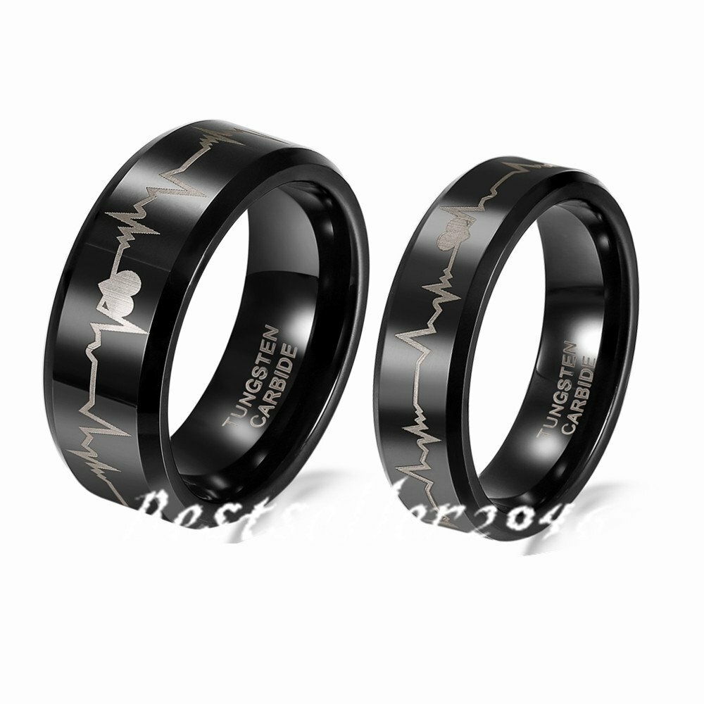 Men Women Tungsten Carbide Laser EKG Heartbeat Comfort Fit Ring Wedding Band