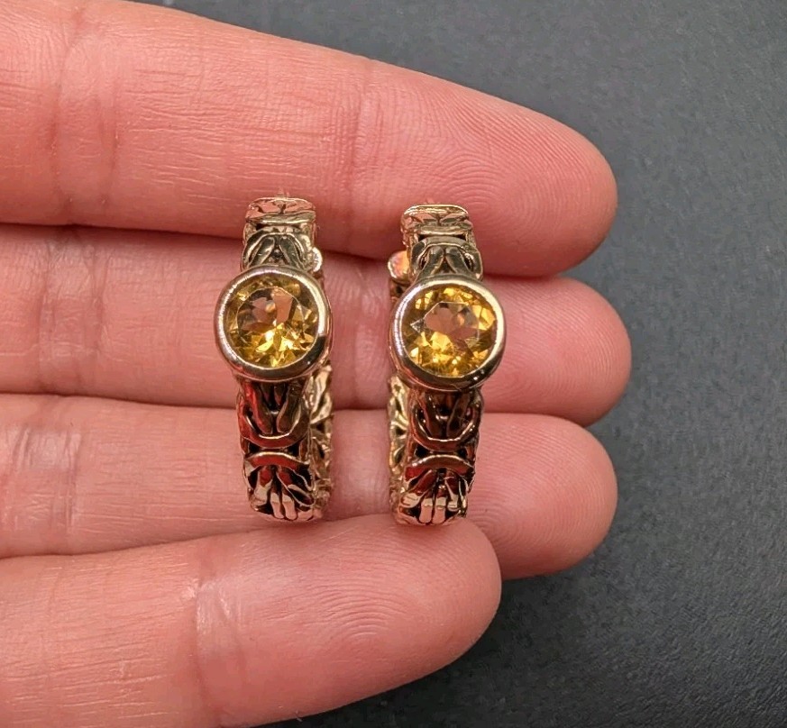 Sterling Silver Gold Vermeil Byzantine Citrine Gemstone OT Turkey Hoop Earrings